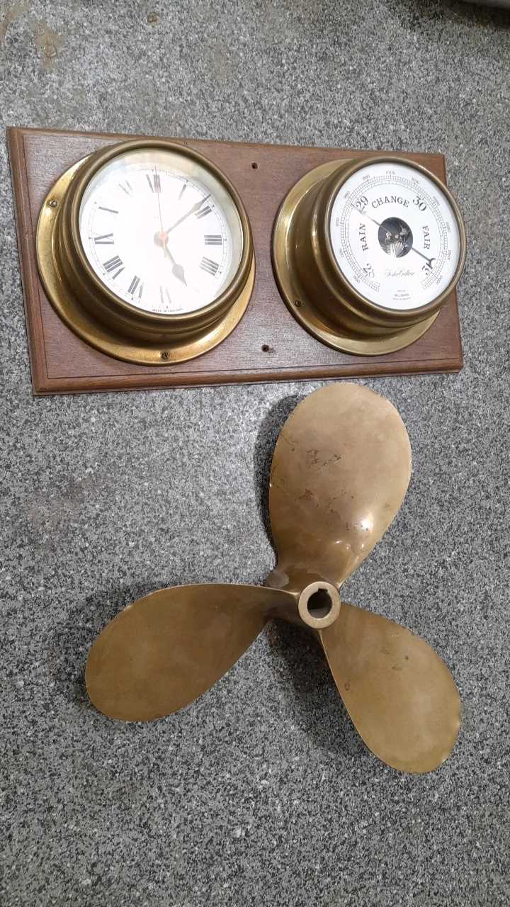 Lot 705 - BRASS STAMPED BOAT PROPELLOR + SHIPS CLOCKS