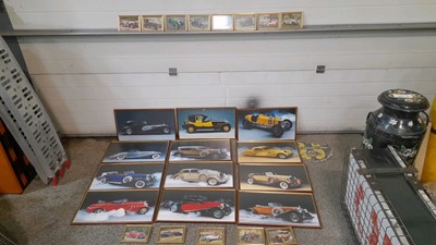 Lot 819 - 1X BOX OF 12 LARGE FRAMED & 13 SMALL FRAMED PICTURES OF VINTAGE CARS