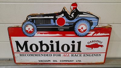 Lot 647 - MOBILOIL DOUBLE SIDED RACING CAR ENAMEL, WALL MOUNTED SIGN 24" X 15"