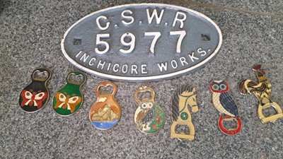 Lot 791 - CAST IRON RAILWAY PLAQUE & ASSORTMENT OF BOTTLE OPENERS