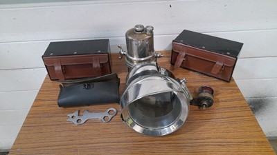 Lot 344 - MOTOR CYCLE GAS LAMPS & 2X METAL/LEATHER PANNIERS