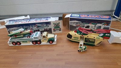 Lot 14 - HESS GASOLINE TRUCK WITH AIRPLANE & HELICOPTER WITH MOTORCYCLE AND CRUISER