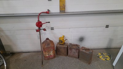 Lot 695 - 3X PETROL CANS 1X ESSO CONICAL CAN, OIL JUG & OIL PUMP