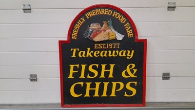 Lot 689 - FISH AND CHIP , WOODEN HAND PAINTED SIGN 36" X 30"