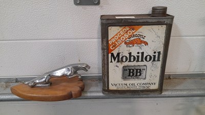 Lot 233 - HANGING , DOUBLE SIDED, SIGN WITH BRACKET, MOBILOIL TIN AND JAGUAR MASCOT