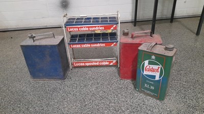 Lot 87 - LUCAS CABLE TROLLEY AND X3 OIL CANS