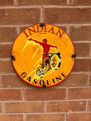 Lot 104 - ENAMEL INDIAN GASOLINE SIGN  12" DIA