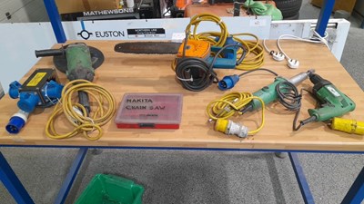 Lot 209 - MAKITA POWER TOOLS & ASSORTED CABLES MOSTLY 110V