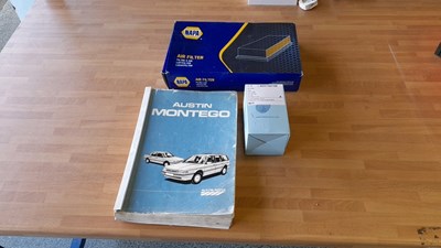 Lot 853 - JAGUAR 3.5/4.2 OIL / AIR FILTERS + AUSTIN MONTEGO WORKSHOP MANUAL (PROCEEDS TO CHARITY )