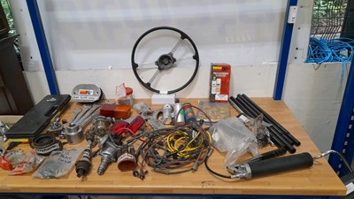 Lot 497 - GENUINE MGA STEERING WHEEL & ASSORTED BOX OF FORD CORTINA & CAPRI PARTS