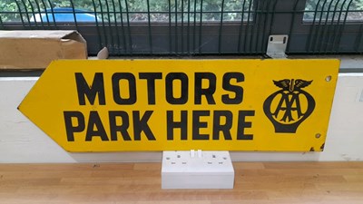 Lot 191 - AA MOTORS PARK HERE ARROW, DOUBLE SIDED ENAMEL SIGN 26" X 8"