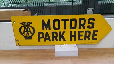 Lot 191 - AA MOTORS PARK HERE ARROW, DOUBLE SIDED ENAMEL SIGN 26" X 8"
