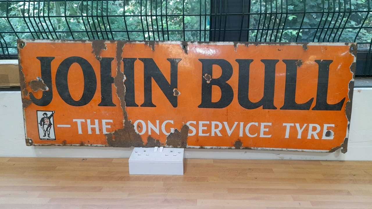 Lot 271 - JOHN BULL THE LONG SERVICE TYRE, ENAMEL SIGN 36" X 12"