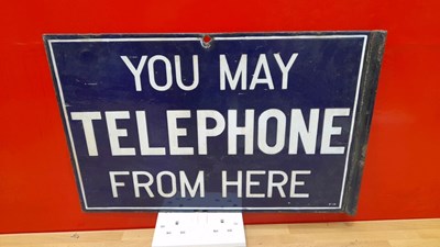 Lot 105 - YOU MAY TELEPHONE FROM HERE, DOUBLE SIDED ENAMEL SIGN 12" X 19"