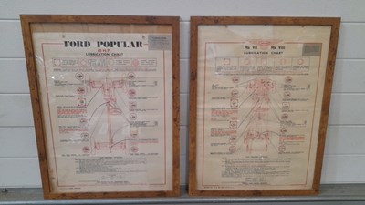 Lot 141 - 2X FRAMED LUBRICATION CHARTS ( FORD & JAGUAR ) 25.5" x19.5"