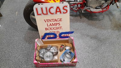 Lot 623 - BOX OF LIGHTS & LUCAS LAMPS PLASTIC SIGN