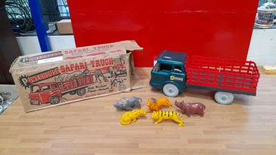 Lot 603 - TIN PLATE SAFARI TOY TRUCK, WITH PLASTIC ANIMALS & ORIGINAL BOX