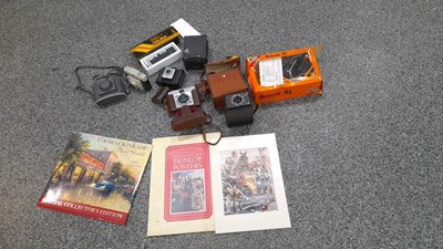 Lot 593 - 8 X VINTAGE CAMERAS , DUNLOP POSTER & KINKADE CALENDAR