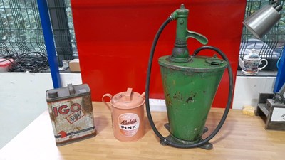 Lot 585 - GEAR OIL DISPENSER, ALADDIN PARAFFIN TIN & IGO SPORT MOTORCYCLE OIL TIN