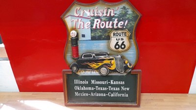 Lot 443 - CRUISIN THE ROUTE 66 WOODEN SIGN 22" X 16"