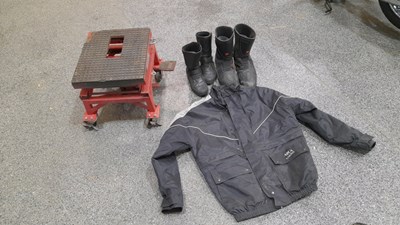 Lot 887 - MOTORCYCLE LIFT, 2 PAIRS OF BOOTS & JACKET