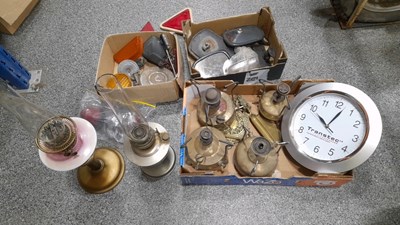 Lot 296 - 2 BOXES OF PRIMUS STOVES & OIL LAMPS & CAR MIRRORS,GLASS LENSES AND TRANSTEC CLOCK