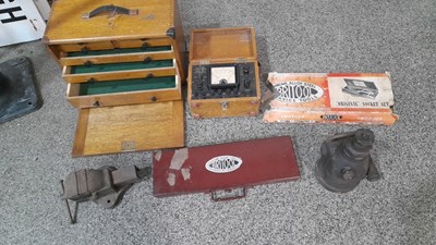 Lot 763 - BRITOOL SOCKET SET, VICE, BOTTLE JACK , WOODEN CABINET & AVO METER