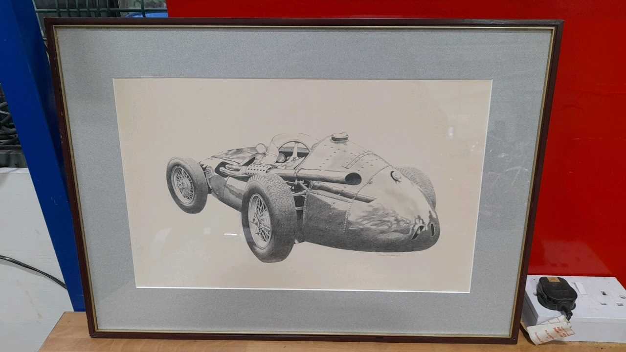 Lot 105 - FRAMED PENCIL DRAWING OF A 1956 MASERATI 250F RACE CAR BY ALAN FERNIHOUGH