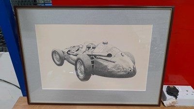 Lot 105 - FRAMED PENCIL DRAWING OF A BUGATTI RACE CAR FROM THE 1930'S BY ALAN FERNIHOUGH