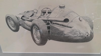 Lot 105 - FRAMED PENCIL DRAWING OF A 1956 MASERATI 250F RACE CAR BY ALAN FERNIHOUGH