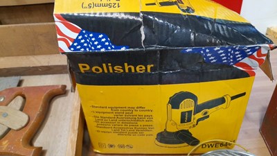 Lot 836 - WOODWORKING TOOL BOX + TOOLS & ELECTRIC POLISHER