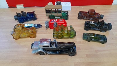 Lot 671 - ASSORTED AMERICAN AVON BOTTLES + BOX OF ANTIQUE METAL WALL SIGNS