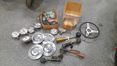 Lot 123 - SELECTION OF LIGHTS, HORNS & TRIUMPH WHEEL HUB CAPS