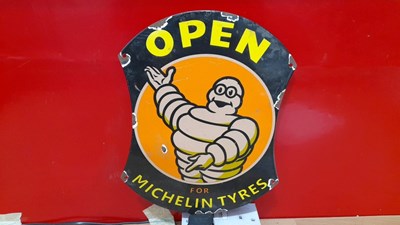 Lot 647 - OPEN FOR MICHELIN TYRES ENAMEL SIGN 14" X 11"