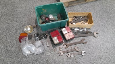 Lot 897 - BOX OF ASSORTED LAMPS/LENSES & BOX OF VINTAGE SPANNERS