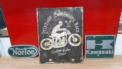 Lot 811 - WOODEN MOTOR BIKE SIGN & 2 CAST ALUMINIUM SIGNS