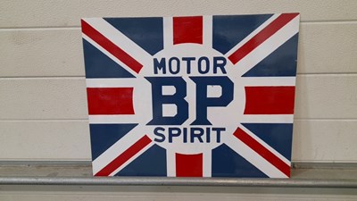 Lot 713 - HAND PAINTED BP MOTOR SPIRIT SIGN ON METAL 21" X 6"