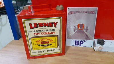 Lot 469 - LESNEY PAINTED PETROL CAN & BP TIN SIGN 11" x 8"