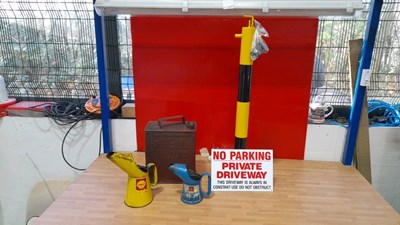 Lot 415 - DROP DOWN PARKING POST-SHELL, MOTOR SPIRIT CAN & 2 OIL JUGS