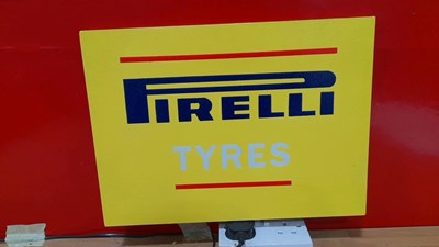 Lot 633 - WOODEN HAND PAINTED PIRELLI TYRES SIGN 16" X 12"