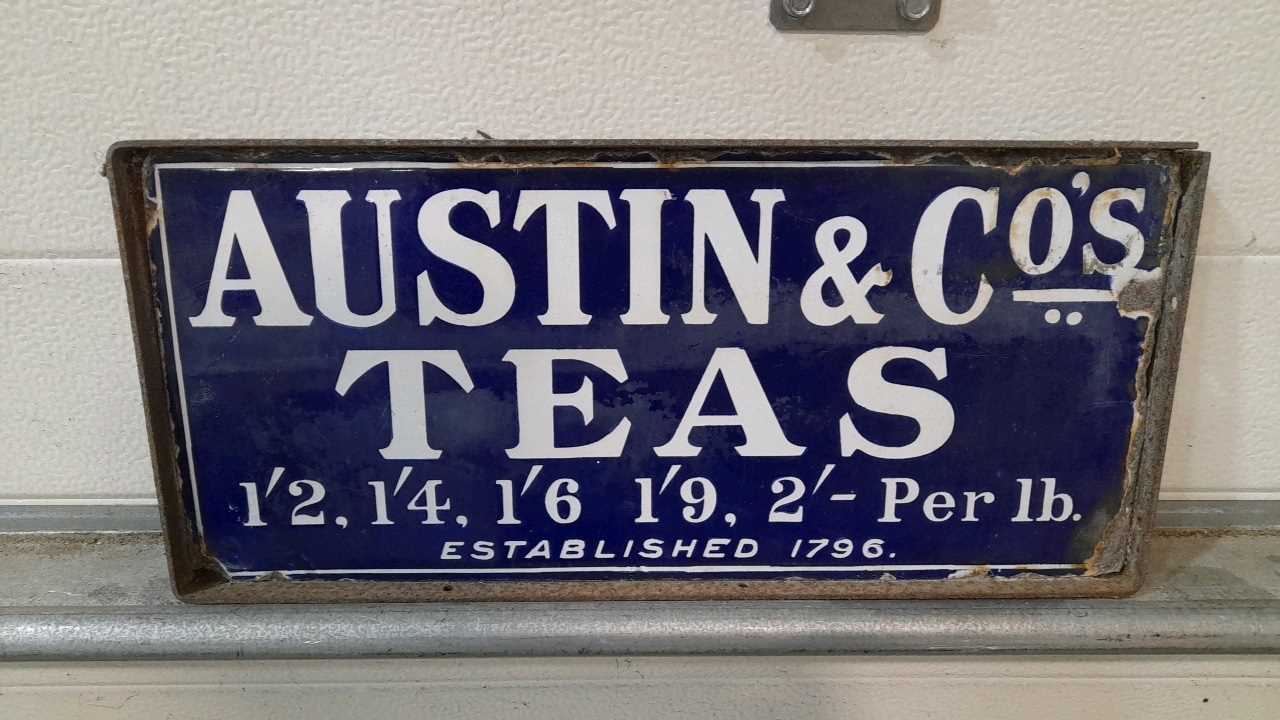Lot 195 - AUSTIN & CO'S TEAS ENAMEL DOUBLE SIDED SIGN