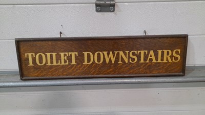 Lot 209 - WOODEN TOILET DOWNSTAIRS SIGN 24" X 6"