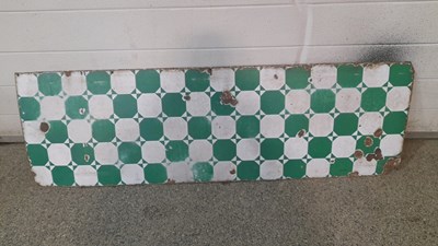 Lot 263 - GREEN / WHITE CHECK FIRE SIDE ENAMEL SIGN 48" X 15"