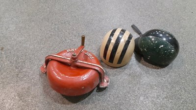 Lot 397 - VINTAGE MOTOR CYCLE HELMETS & RED FIRE BELL