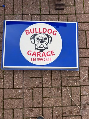 Lot 109 - LIGHT UP BULLDOG GARAGE SIGN 28" X 19"