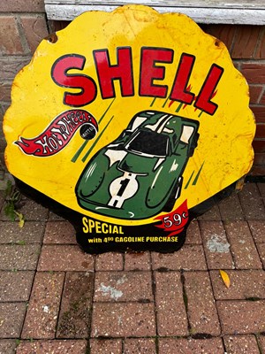 Lot 123 - SHELL HOTWHEELS SPECIAL GASOLINE ENAMEL SIGN 30" X 30"