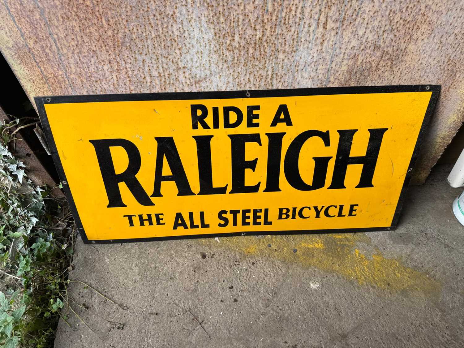 Click for high resolution Lot 53 - RIDE A RALEIGH BICYCLE, STEEL PAINTED SIGN 41" X 20"