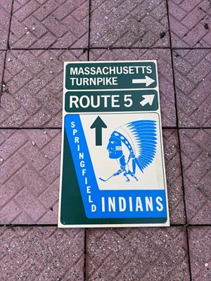 Lot 279 - ROUTE 5 , SPRINGFIELD INDIANS , PAINTED WOODEN SIGN 32" X 19"