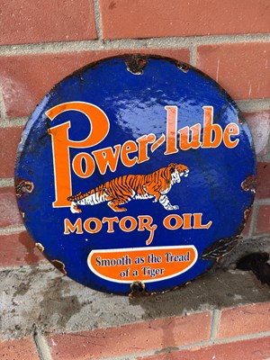 Lot 727 - POWER-LUBE MOTOR OIL ENAMEL SIGN 12" DIA