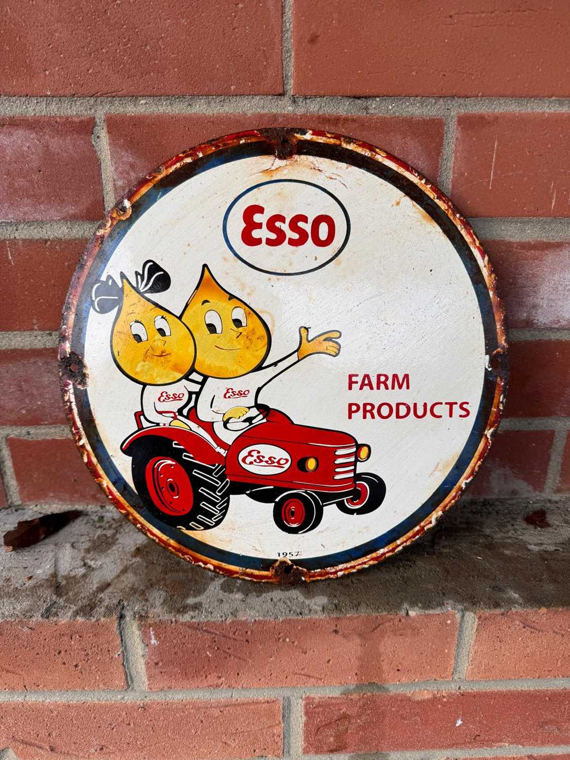 Click for high resolution Lot 65 - ESSO FARM PRODUCTS ENAMEL SIGN 12" DIA